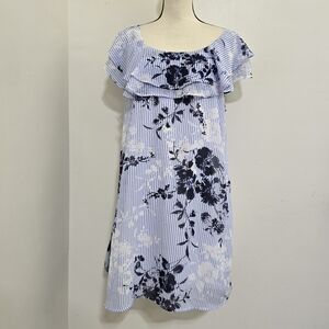 HARLOW & ROSE size Small Floral Striped Ruffle Scoop Neck Dress Lined Blue White